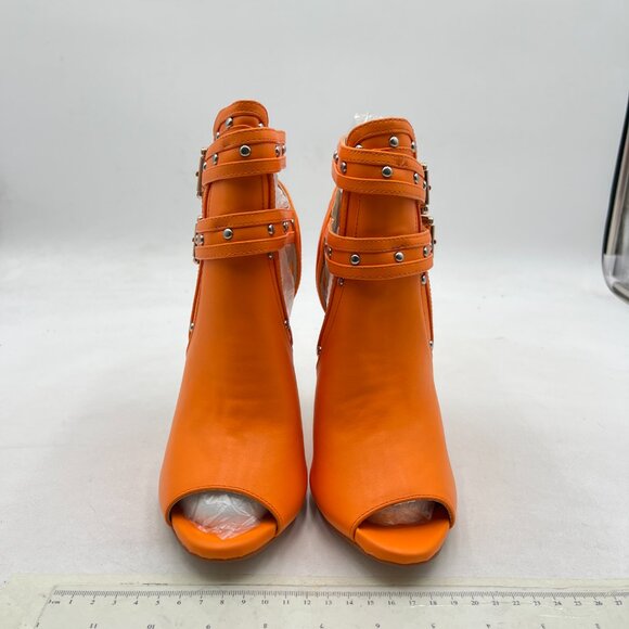 XYD Dark Orange Studs Peep Toe Ankle Bootie High Heel Buckled Double Strap Shoes - Picture 3 of 8
